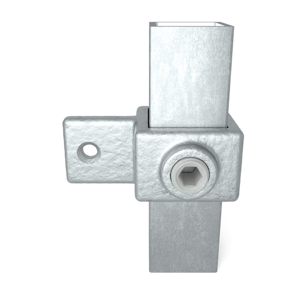 Buiskoppeling Oogdeel scharnierstuk 25 mm vierkant - vooraanzicht met buizen (Steigerbuisstunter.nl)