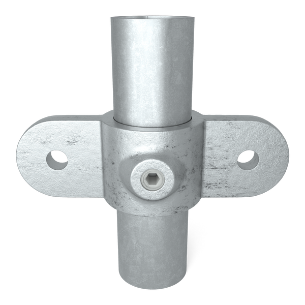 Buiskoppeling Oogdeel dubbel scharnierstuk 180º 42,4 mm - vooraanzicht met buizen (Steigerbuisstunter.nl)
