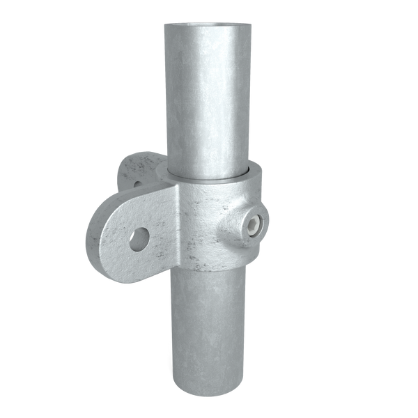 Buiskoppeling Oogdeel dubbel scharnierstuk 90º 48,3 mm - schuin aanzicht met buizen (Steigerbuisstunter.nl)