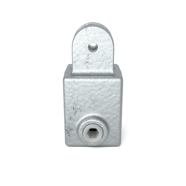 Buiskoppeling Hulsdeel scharnierstuk 25 mm vierkant - vooraanzicht met buizen (Steigerbuisstunter.nl)