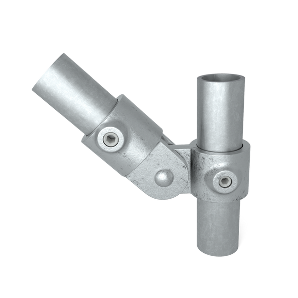 Buiskoppeling Scharnierstuk enkel 42,4 mm - vooraanzicht met buizen (Steigerbuisstunter.nl)