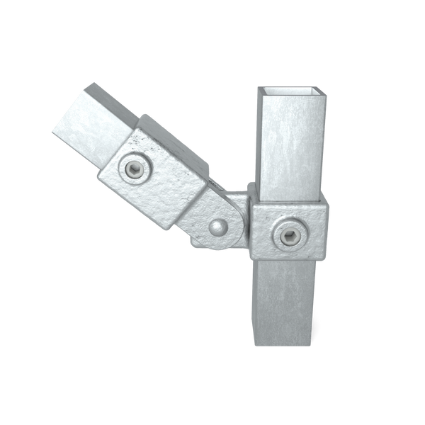 Buiskoppeling Scharnierstuk enkel 40 mm vierkant - vooraanzicht met buizen (Steigerbuisstunter.nl)