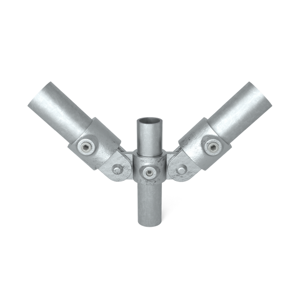 Buiskoppeling Scharnierstuk dubbel 48,3 mm - vooraanzicht met buizen (Steigerbuisstunter.nl)