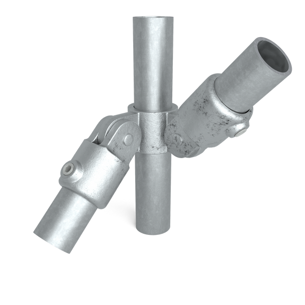 Buiskoppeling Scharnierstuk 90º dubbel 33,7 mm - vooraanzicht met buizen (Steigerbuisstunter.nl)