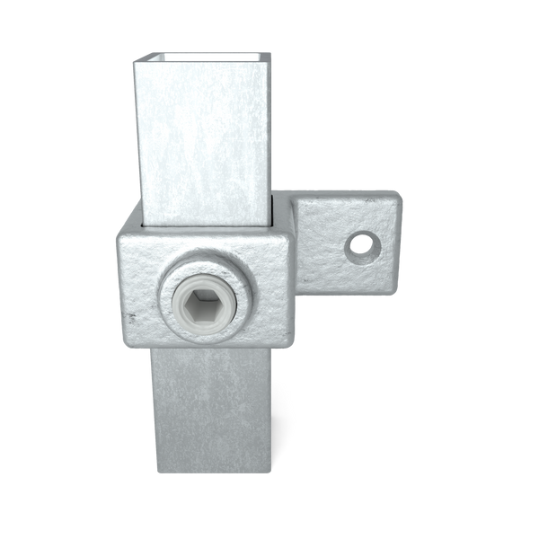 Buiskoppeling Bevestigingsring enkel 25 mm vierkant - vooraanzicht met buizen (Steigerbuisstunter.nl)