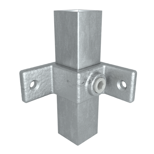 Buiskoppeling Bevestigingsring dubbel 90° 25 mm vierkant - vooraanzicht met buizen (Steigerbuisstunter.nl)