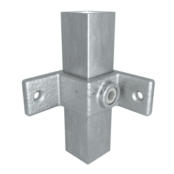 Buiskoppeling Bevestigingsring dubbel 90º 40 mm vierkant - vooraanzicht met buizen (Steigerbuisstunter.nl)