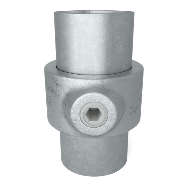 Buiskoppeling Borgring 42,4 mm - vooraanzicht met buizen (Steigerbuisstunter.nl)