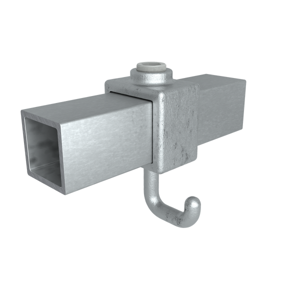 Buiskoppeling Kapstokhaak 25 mm vierkant - vooraanzicht met buizen (Steigerbuisstunter.nl)