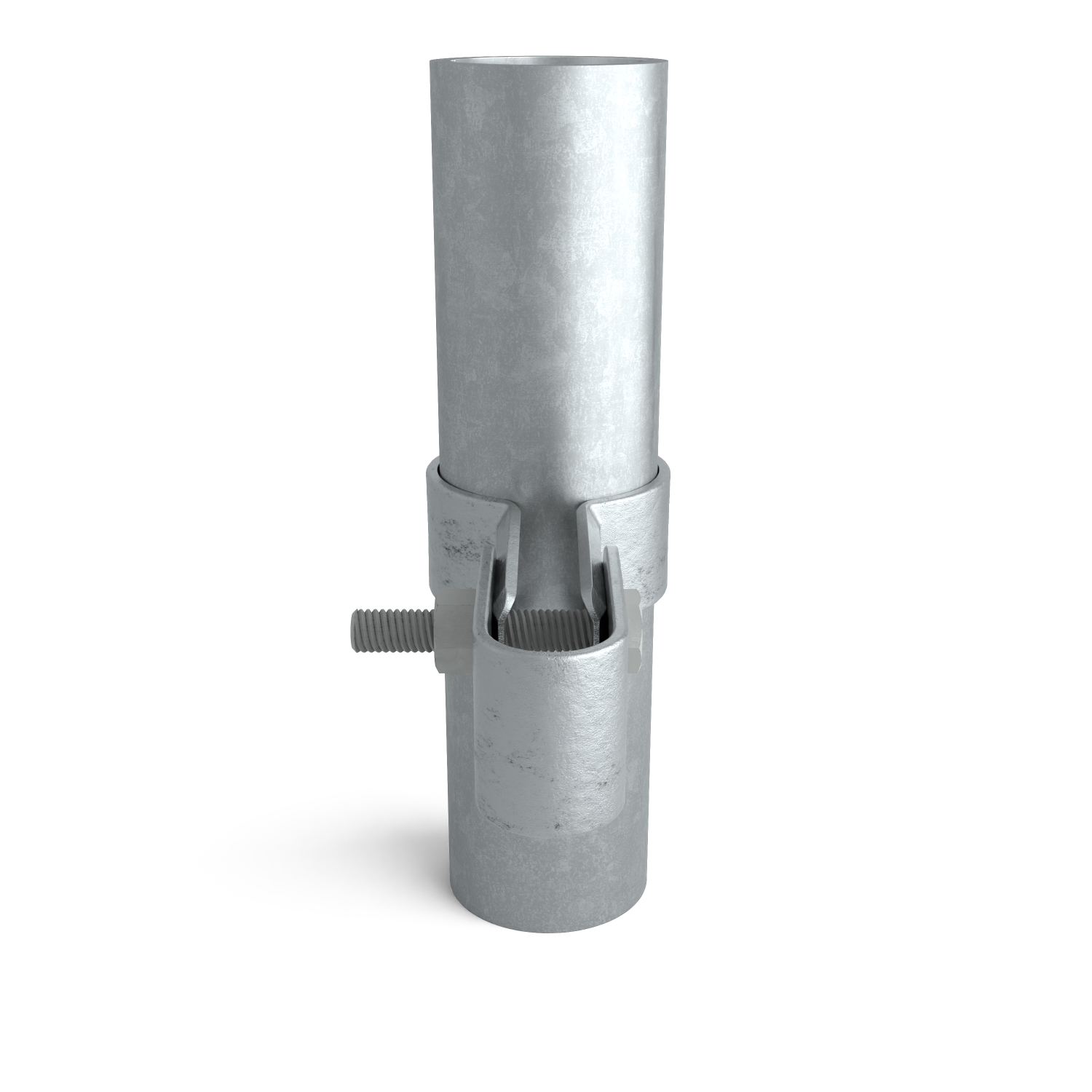 Buiskoppeling Gaasclip enkel 42,4 mm - zijaanzicht met buizen (Steigerbuisstunter.nl)