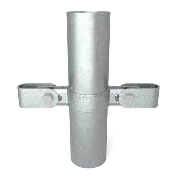 Buiskoppeling Gaasclip dubbel 42,4 mm - vooraanzicht met buizen (Steigerbuisstunter.nl)