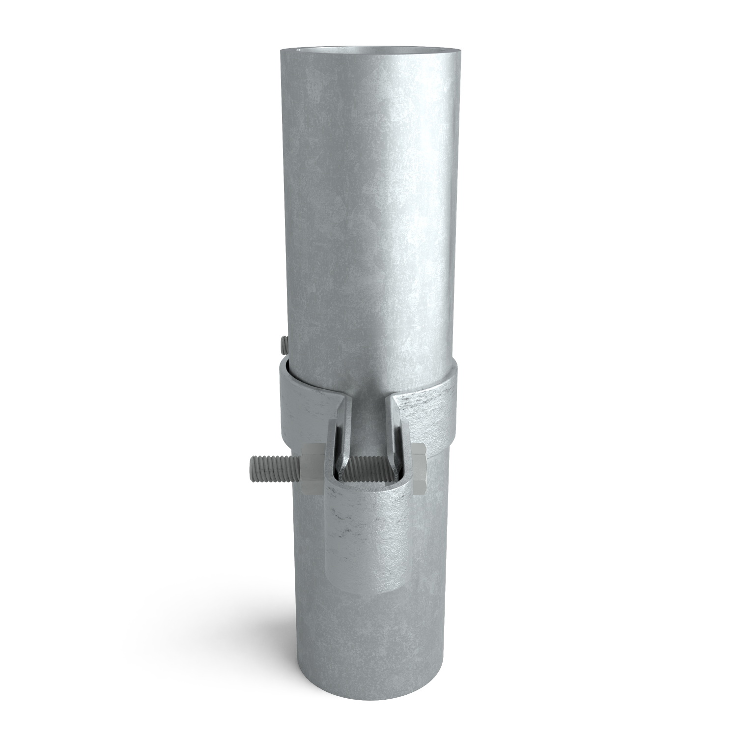 Buiskoppeling Gaasclip dubbel 42,4 mm - zijaanzicht met buizen (Steigerbuisstunter.nl)
