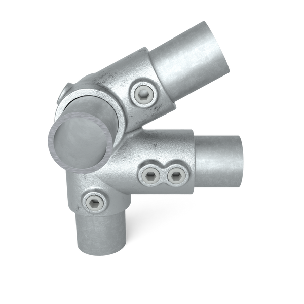 Buiskoppeling Kniestuk dakrand 26,9 mm - vooraanzicht met buizen (Steigerbuisstunter.nl)