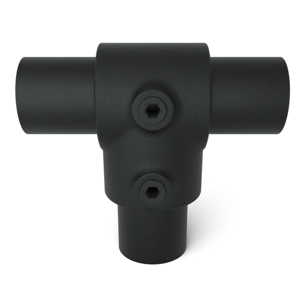 Buiskoppeling T-stuk kort - zwart voor buiten - 42,4 mm - vooraanzicht met buizen (Steigerbuisstunter.nl)
