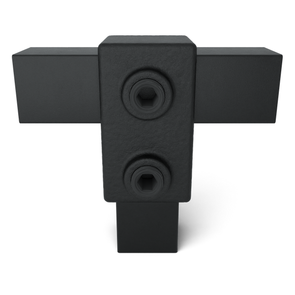 Buiskoppeling T-stuk kort zwart 25 mm vierkant - vooraanzicht met buizen (Steigerbuisstunter.nl)