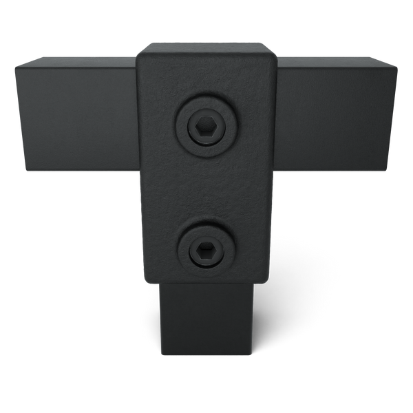 Buiskoppeling T-stuk kort zwart 40 mm vierkant - vooraanzicht met buizen (Steigerbuisstunter.nl)