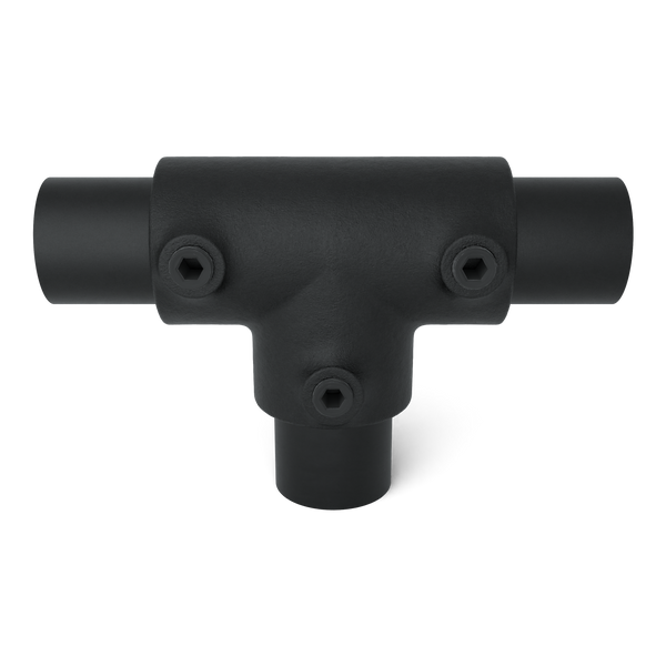 Buiskoppeling T-stuk lang zwart 26,9 mm - vooraanzicht met buizen (Steigerbuisstunter.nl)