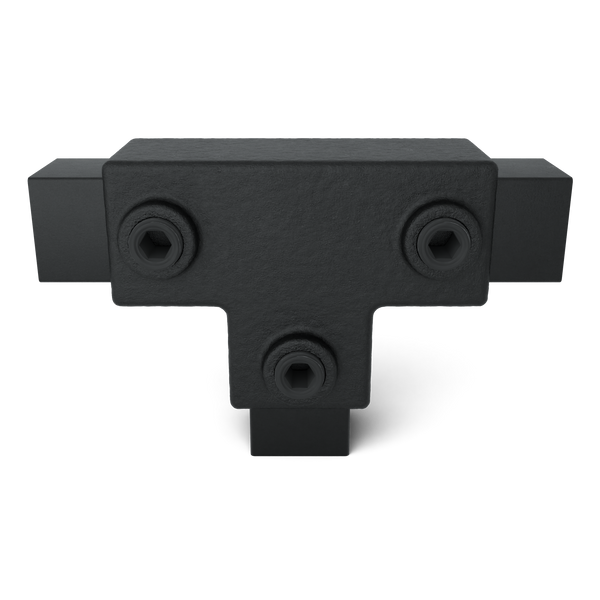 Buiskoppeling T-stuk lang zwart 25 mm vierkant - vooraanzicht met buizen (Steigerbuisstunter.nl)