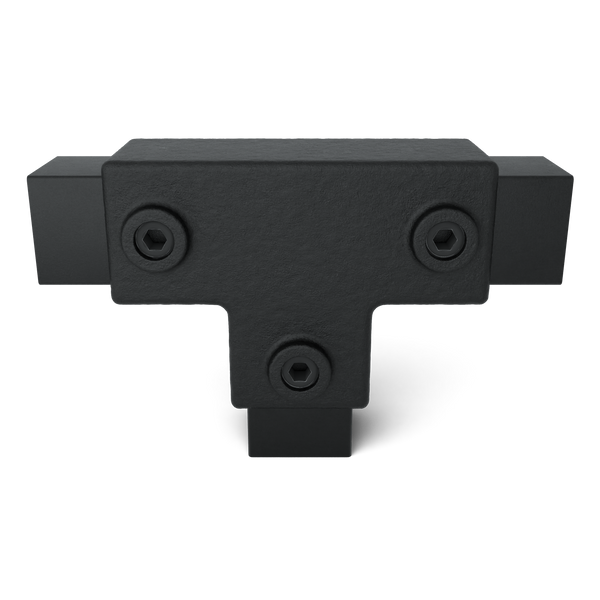 Buiskoppeling T-stuk lang zwart 40 mm vierkant - vooraanzicht met buizen (Steigerbuisstunter.nl)