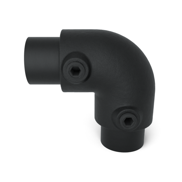 Buiskoppeling Kniestuk 2-weg 90º - zwart voor buiten - 42,4 mm - vooraanzicht met buizen (Steigerbuisstunter.nl)