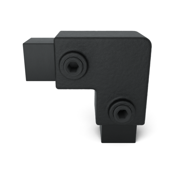 Buiskoppeling Kniestuk 2-weg 90º zwart 25 mm vierkant - vooraanzicht met buizen (Steigerbuisstunter.nl)
