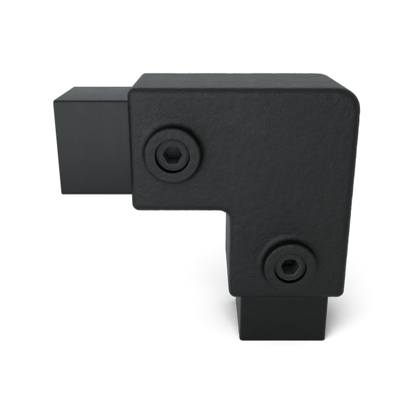 Buiskoppeling Kniestuk 2-weg 90º zwart 40 mm vierkant - vooraanzicht met buizen (Steigerbuisstunter.nl)