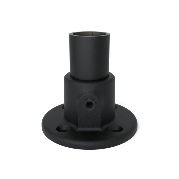 Buiskoppeling Voetplaat rond zwart 33,7 mm - vooraanzicht met buizen (Steigerbuisstunter.nl)