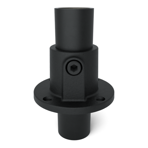 Buiskoppeling Voetplaat rond doorlopend - zwart voor buiten - 42,4 mm - vooraanzicht met buizen (Steigerbuisstunter.nl)