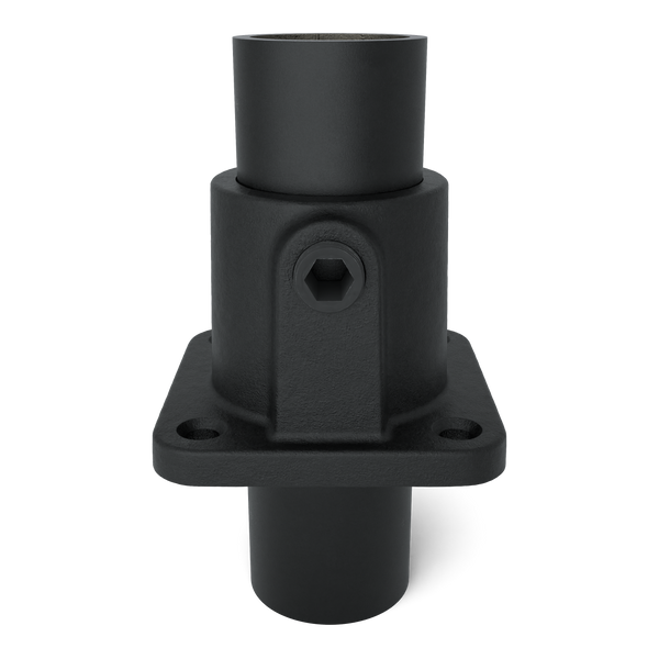 Buiskoppeling Voetplaat vierkant zwart 33,7 mm - vooraanzicht met buizen (Steigerbuisstunter.nl)