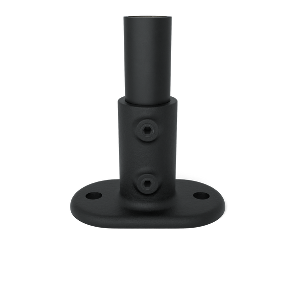 Buiskoppeling Voetplaat ovaal zwart 48,3 mm - vooraanzicht met buizen (Steigerbuisstunter.nl)