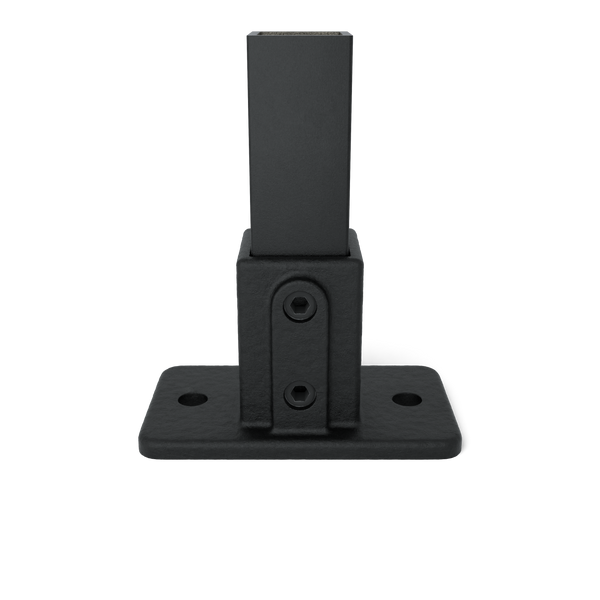 Buiskoppeling Voetplaat rechthoek zwart 40 mm vierkant - vooraanzicht met buizen (Steigerbuisstunter.nl)