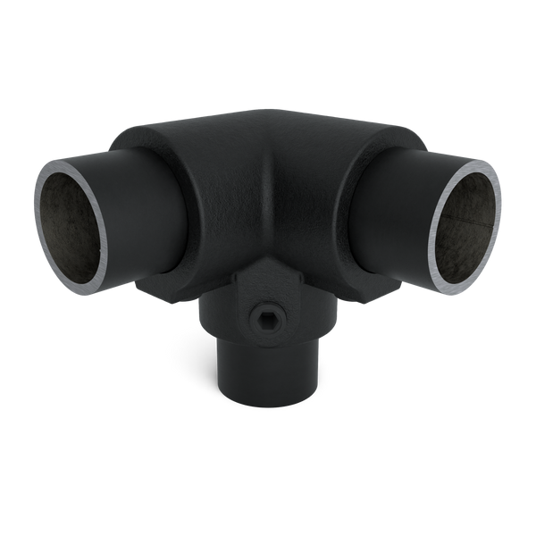 Buiskoppeling Kniestuk 3-weg 90º zwart 26,9 mm - vooraanzicht met buizen (Steigerbuisstunter.nl)