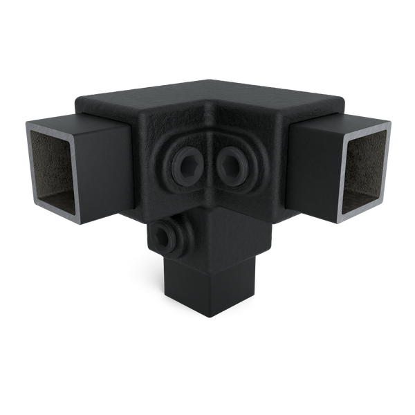 Buiskoppeling Kniestuk 3-weg 90º zwart 25 mm vierkant - vooraanzicht met buizen (Steigerbuisstunter.nl)