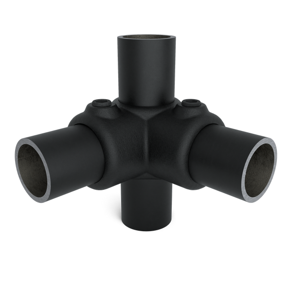 Buiskoppeling Hoekstuk 90º zwart 42,4 mm - vooraanzicht met buizen (Steigerbuisstunter.nl)