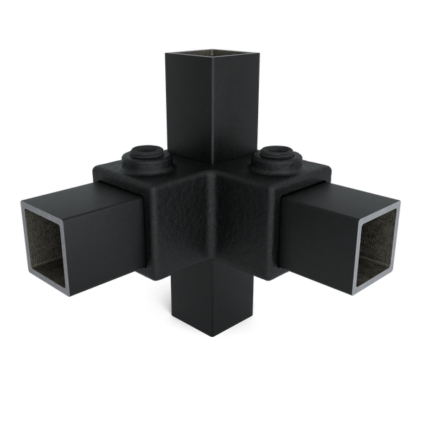 Buiskoppeling Hoekstuk 90º zwart 25 mm vierkant - vooraanzicht met buizen (Steigerbuisstunter.nl)