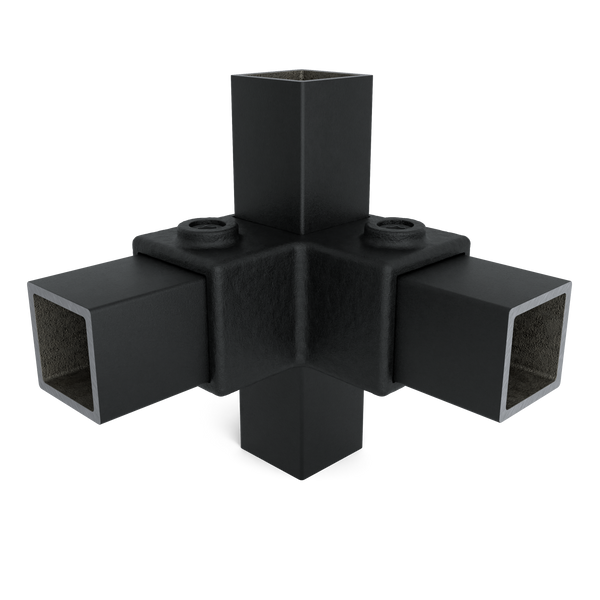 Buiskoppeling Hoekstuk 90º zwart 40 mm vierkant - vooraanzicht met buizen (Steigerbuisstunter.nl)