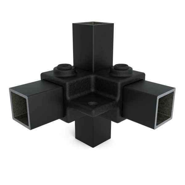 Buiskoppeling Hoekstuk 90º met bevestigingplaat zwart 25 mm vierkant - vooraanzicht met buizen (Steigerbuisstunter.nl)