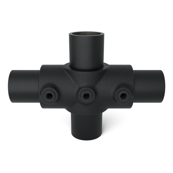 Buiskoppeling Kruisstuk 1-vlak zwart 21,3 mm - vooraanzicht met buizen (Steigerbuisstunter.nl)