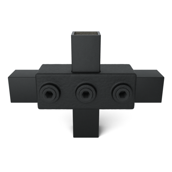 Buiskoppeling Kruisstuk 1-vlak zwart 25 mm vierkant - vooraanzicht met buizen (Steigerbuisstunter.nl)