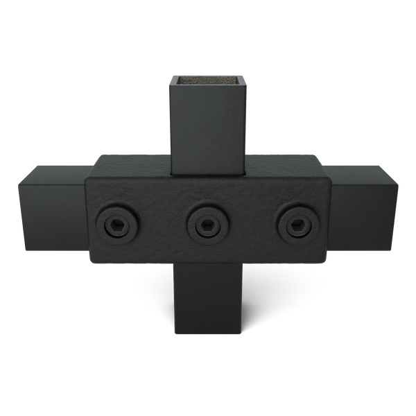 Buiskoppeling Kruisstuk 1-vlak zwart 40 mm vierkant - vooraanzicht met buizen (Steigerbuisstunter.nl)