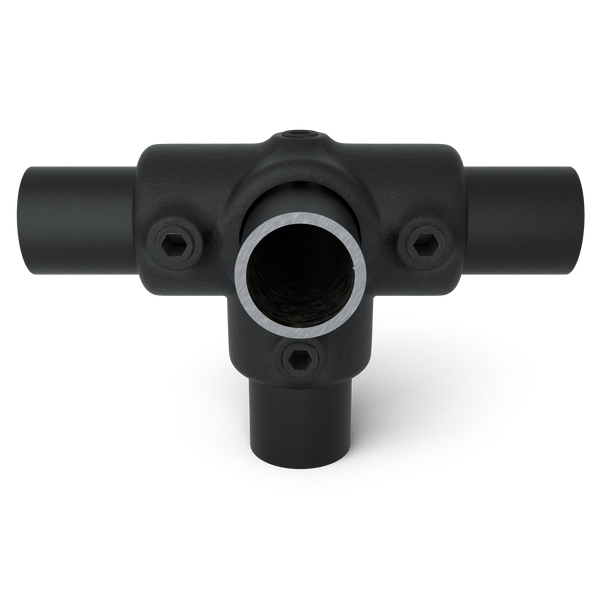 Buiskoppeling T-stuk zij-uitgang zwart 26,9 mm - vooraanzicht met buizen (Steigerbuisstunter.nl)