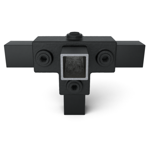 Buiskoppeling T-stuk zij-uitgang zwart 25 mm vierkant - vooraanzicht met buizen (Steigerbuisstunter.nl)