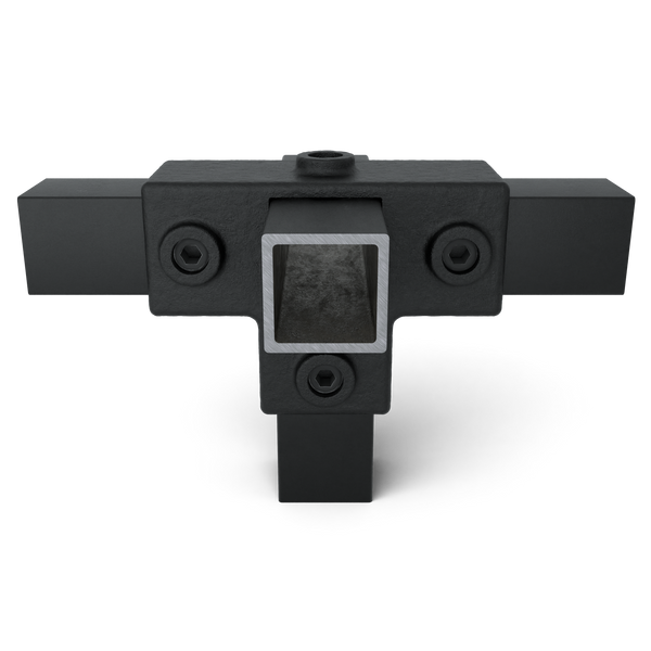 Buiskoppeling T-stuk zij-uitgang zwart 40 mm vierkant - vooraanzicht met buizen (Steigerbuisstunter.nl)