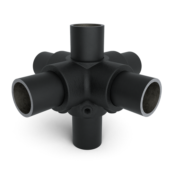 Buiskoppeling Kruisstuk 4-weg zwart 26,9 mm - vooraanzicht met buizen (Steigerbuisstunter.nl)