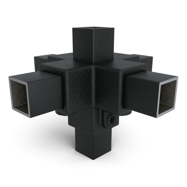Buiskoppeling Kruisstuk 4-weg zwart 25 mm vierkant - vooraanzicht met buizen (Steigerbuisstunter.nl)