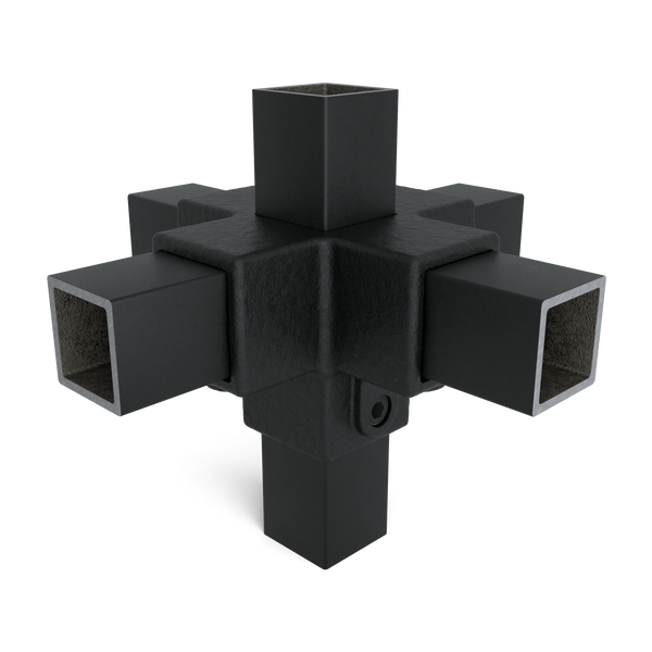 Buiskoppeling Kruisstuk 4-weg zwart 40 mm vierkant - vooraanzicht met buizen (Steigerbuisstunter.nl)