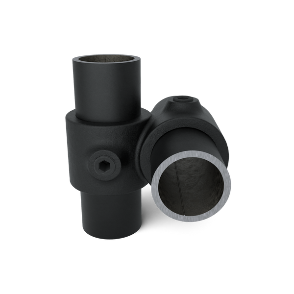 Buiskoppeling Kruisstuk 90º zwart 26,9 mm - vooraanzicht met buizen (Steigerbuisstunter.nl)