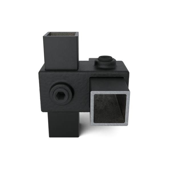 Buiskoppeling Kruisstuk 90º zwart 25 mm vierkant - vooraanzicht met buizen (Steigerbuisstunter.nl)