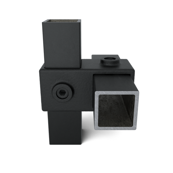 Buiskoppeling Kruisstuk 90º zwart 40 mm vierkant - vooraanzicht met buizen (Steigerbuisstunter.nl)