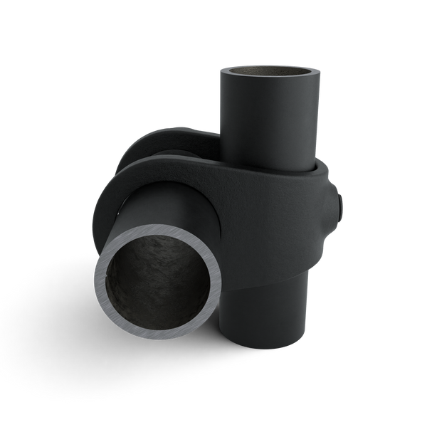 Buiskoppeling Kruisstuk open zwart 26,9 mm - vooraanzicht met buizen (Steigerbuisstunter.nl)